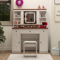 Farmhouse Vanity Desk with Sliding Mirror,Lights and Charging Station,Makeup Table Desk with Dimmable