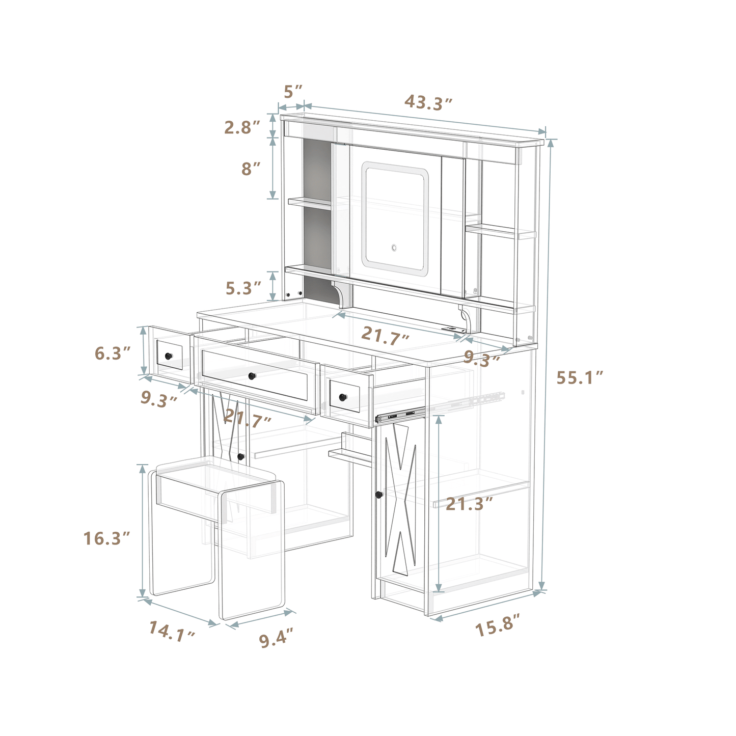 Farmhouse Vanity Desk with Sliding Mirror,Lights and Charging Station,Makeup Table Desk with Dimmable