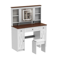 Farmhouse Vanity Desk with Sliding Mirror,Lights and Charging Station,Makeup Table Desk with Dimmable