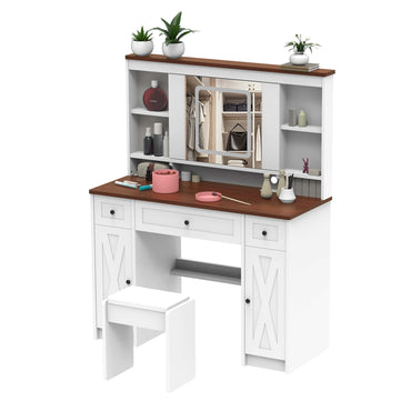 Farmhouse Vanity Desk with Sliding Mirror,Lights and Charging Station,Makeup Table Desk with Dimmable