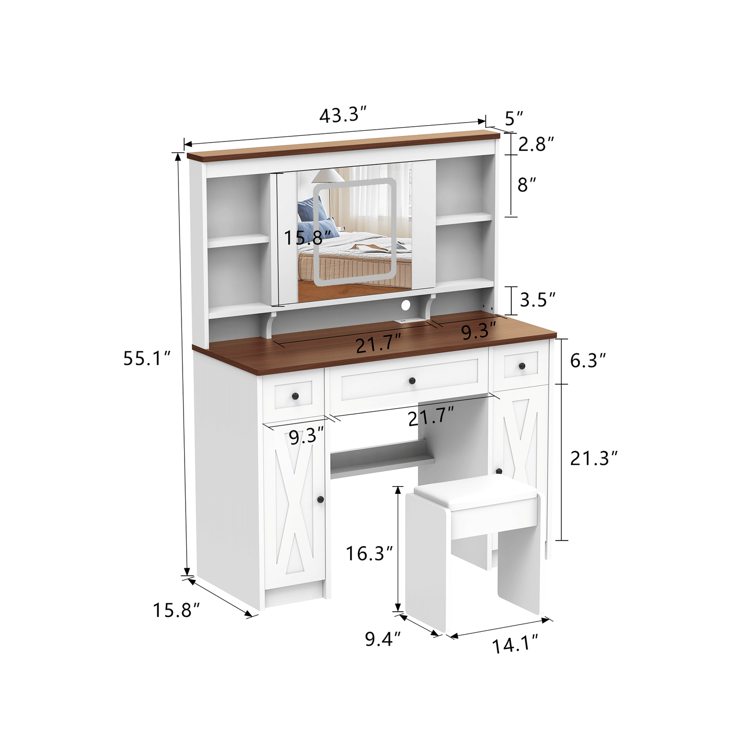 Farmhouse Vanity Desk with Sliding Mirror,Lights and Charging Station,Makeup Table Desk with Dimmable