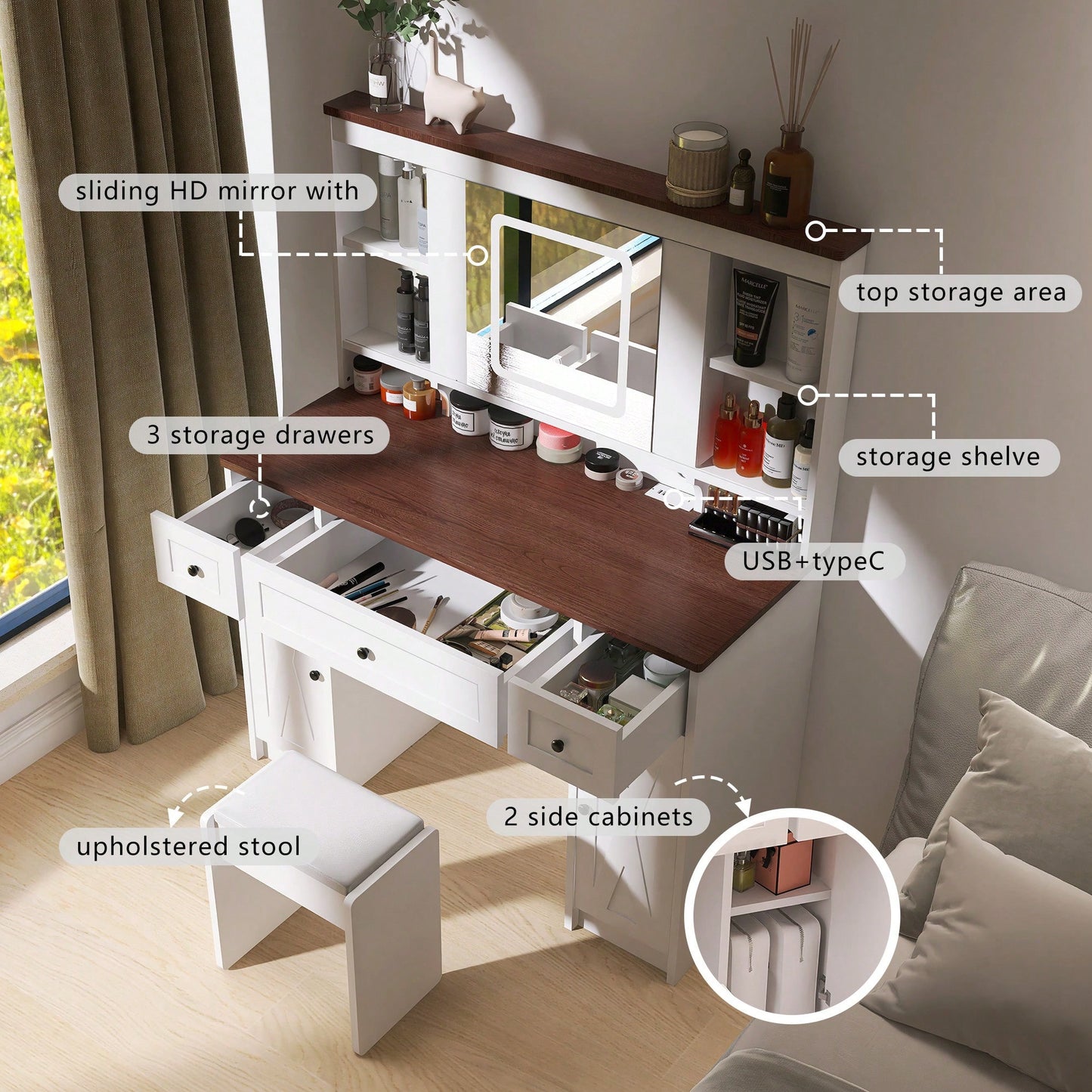 Farmhouse Vanity Desk with Sliding Mirror,Lights and Charging Station,Makeup Table Desk with Dimmable