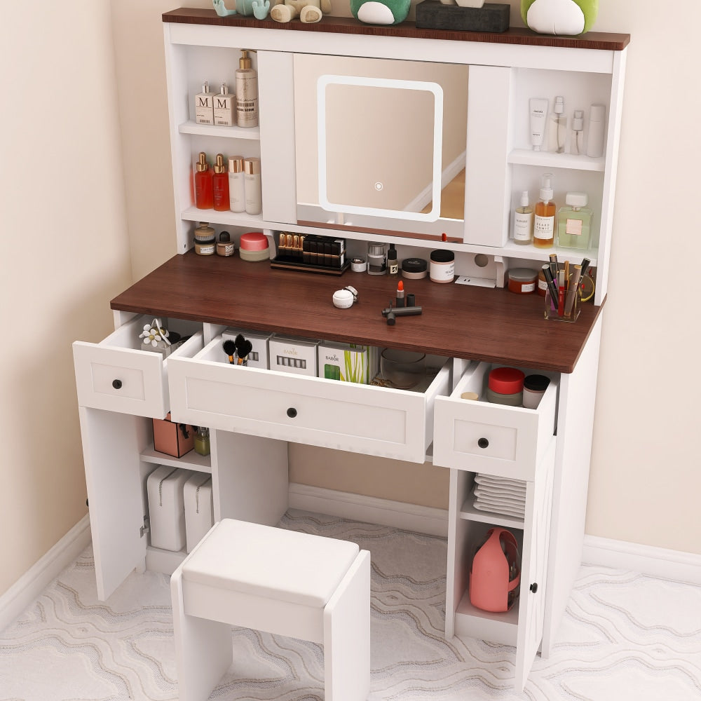 Farmhouse Vanity Desk with Sliding Mirror,Lights and Charging Station,Makeup Table Desk with Dimmable