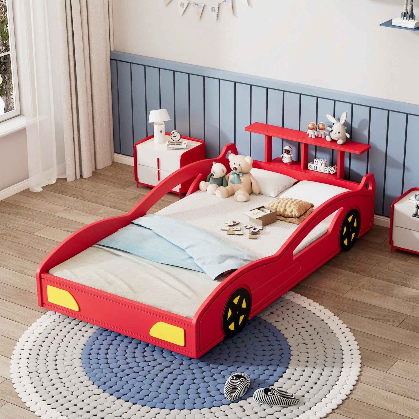 Race Car Twin Bed With Wheels For Teens In Red And Yellow