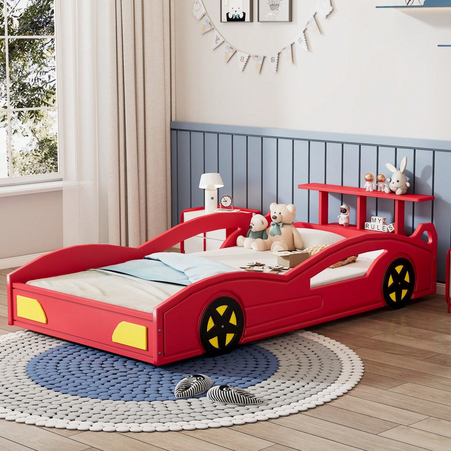Race Car Twin Bed With Wheels For Teens In Red And Yellow