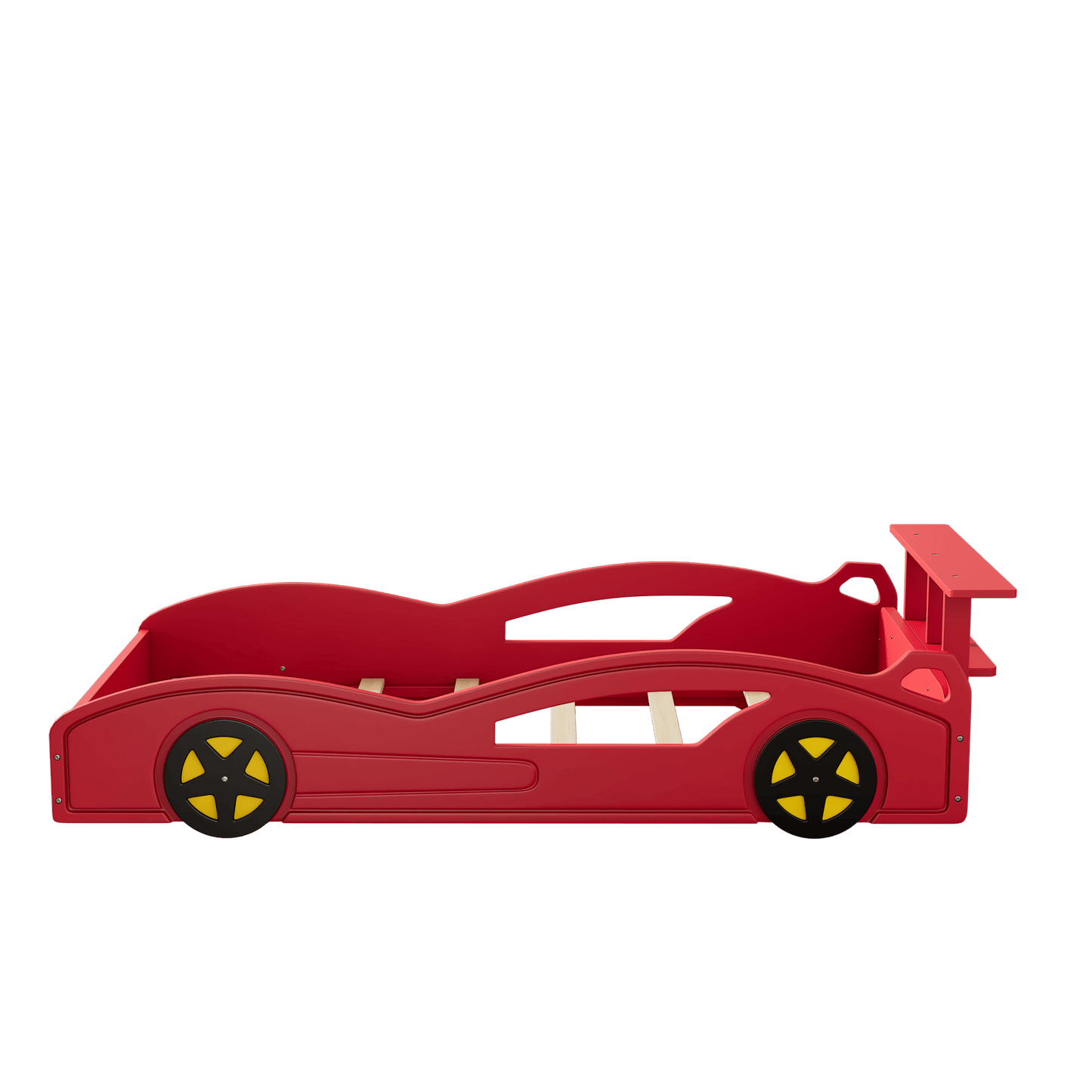 Race Car Twin Bed With Wheels For Teens In Red And Yellow
