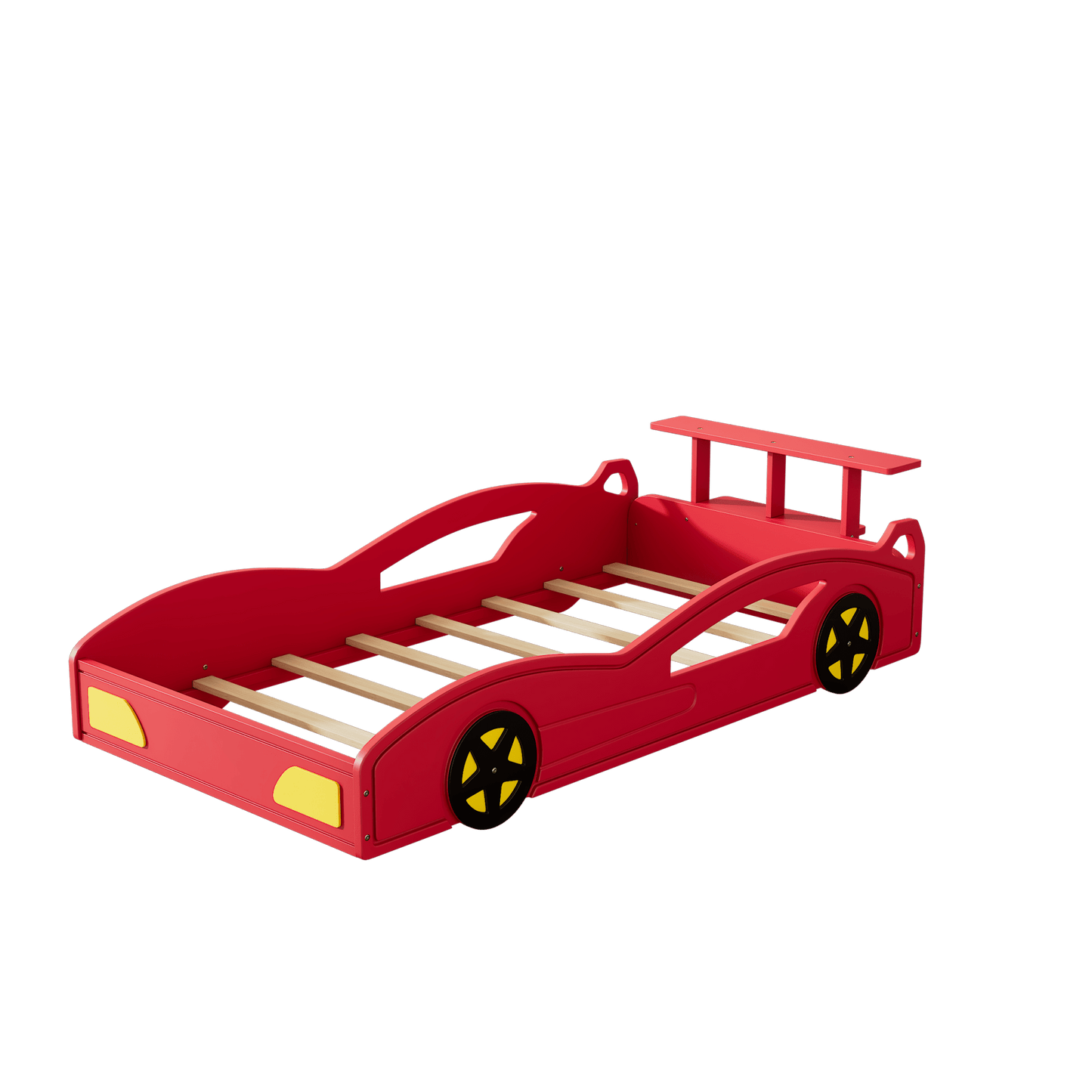 Race Car Twin Bed With Wheels For Teens In Red And Yellow