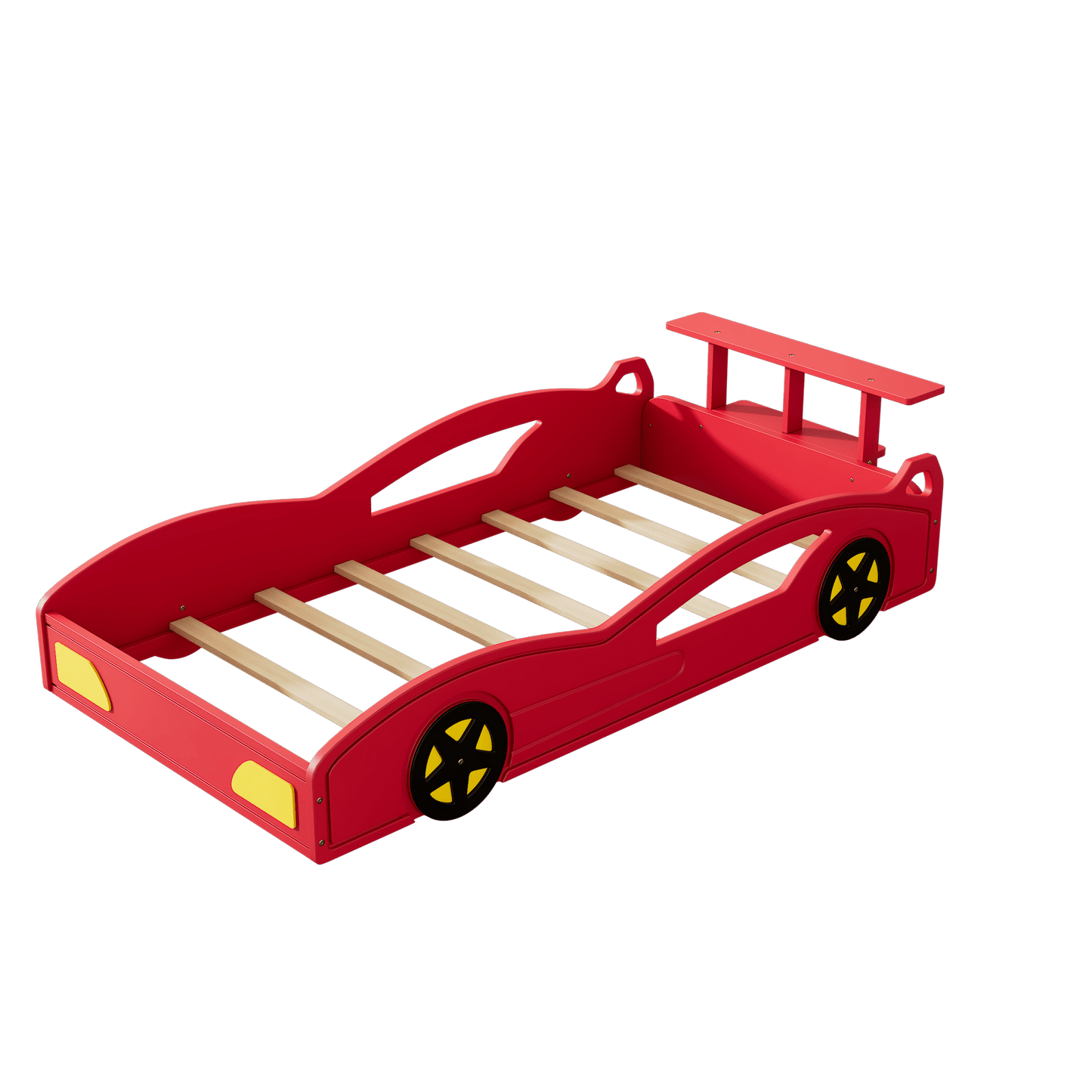 Race Car Twin Bed With Wheels For Teens In Red And Yellow