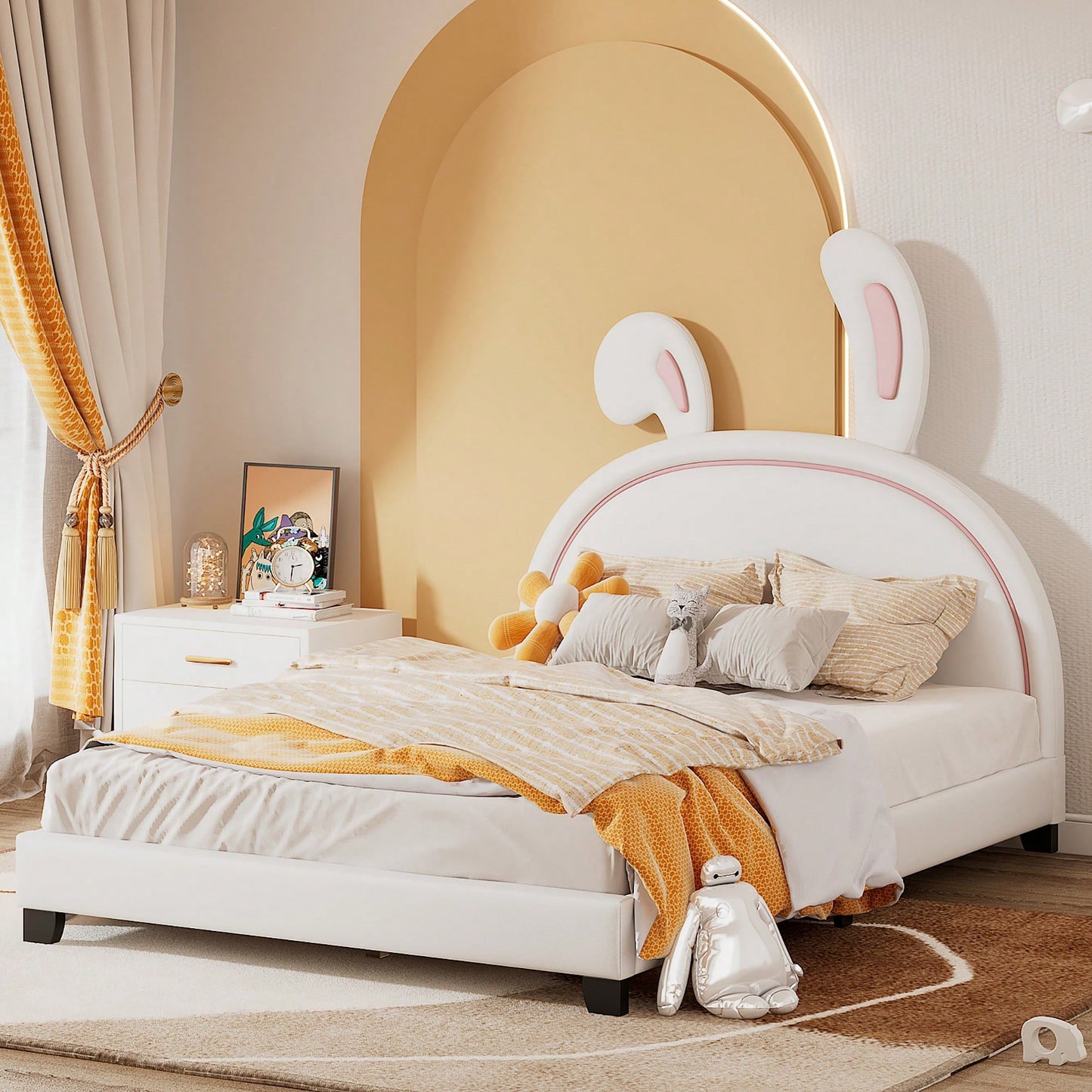 Elegant White Upholstered Leather Platform Bed With Rabbit Accent