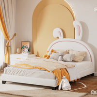 Elegant White Upholstered Leather Platform Bed With Rabbit Accent