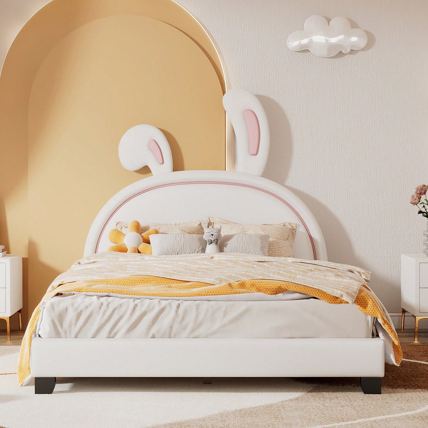 Elegant White Upholstered Leather Platform Bed With Rabbit Accent