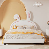 Elegant White Upholstered Leather Platform Bed With Rabbit Accent