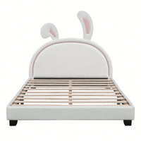 Elegant White Upholstered Leather Platform Bed With Rabbit Accent
