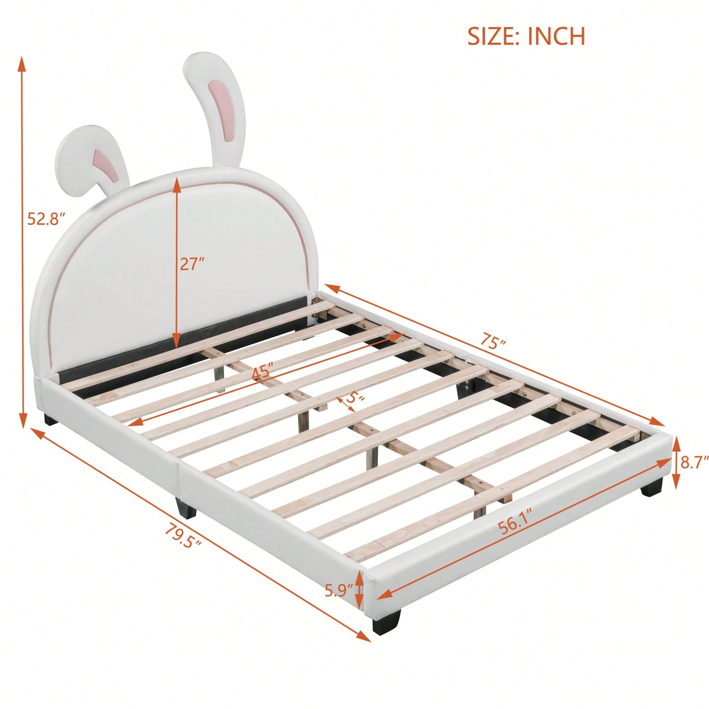 Elegant White Upholstered Leather Platform Bed With Rabbit Accent