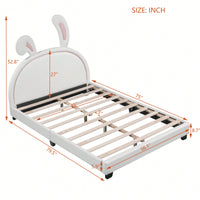Elegant White Upholstered Leather Platform Bed With Rabbit Accent