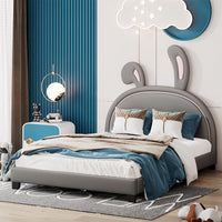 Elegant White Upholstered Leather Platform Bed With Rabbit Accent