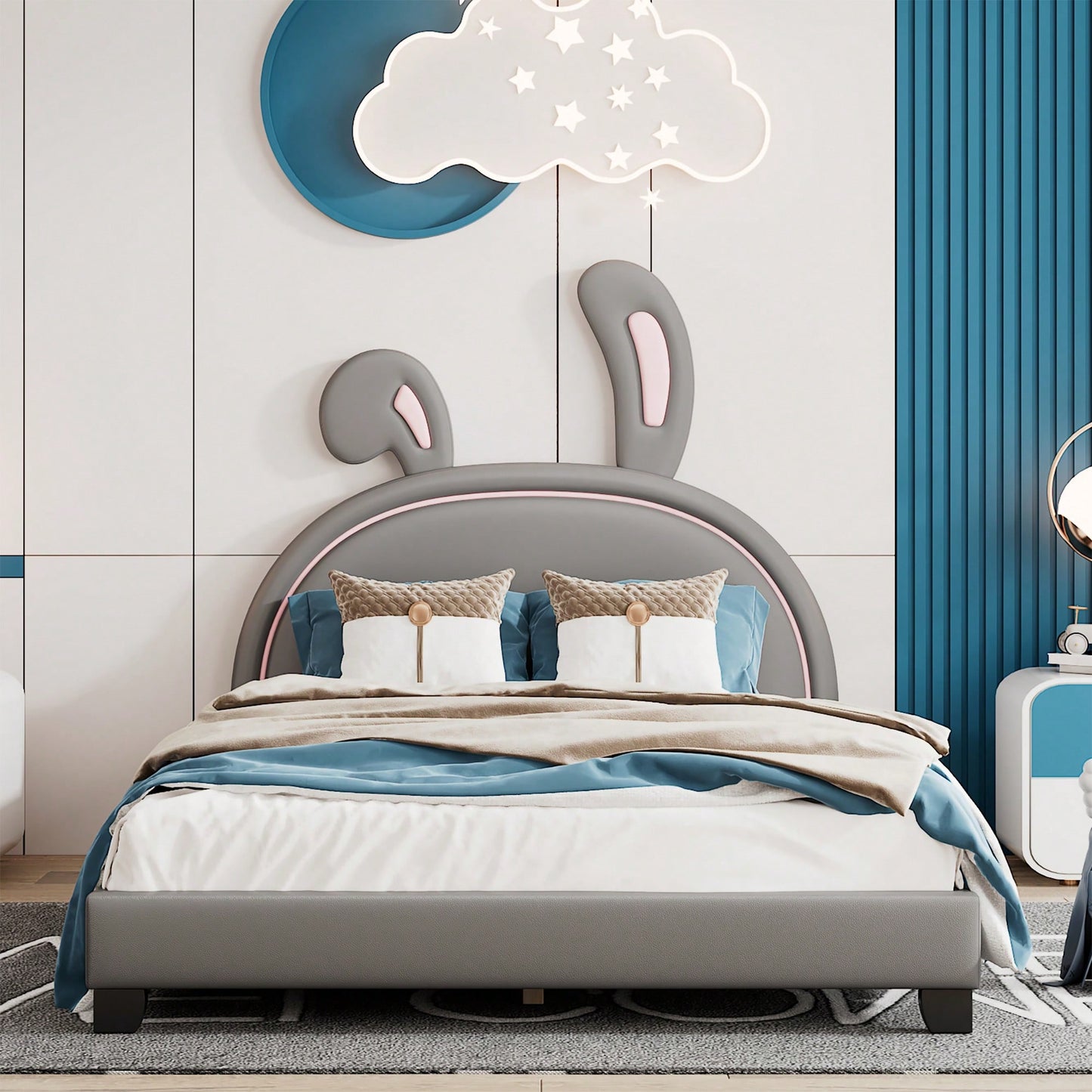 Elegant White Upholstered Leather Platform Bed With Rabbit Accent