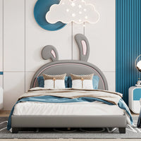 Elegant White Upholstered Leather Platform Bed With Rabbit Accent