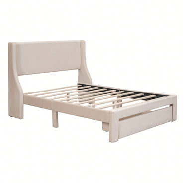 Elegant Velvet Upholstered Full Size Storage Bed With Spacious Drawer In Beige