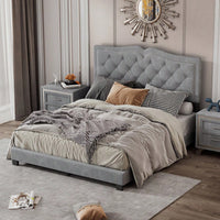Modern Gray Velvet Queen Size Upholstered Bed Frame With Tufted Headboard And Rivet Design