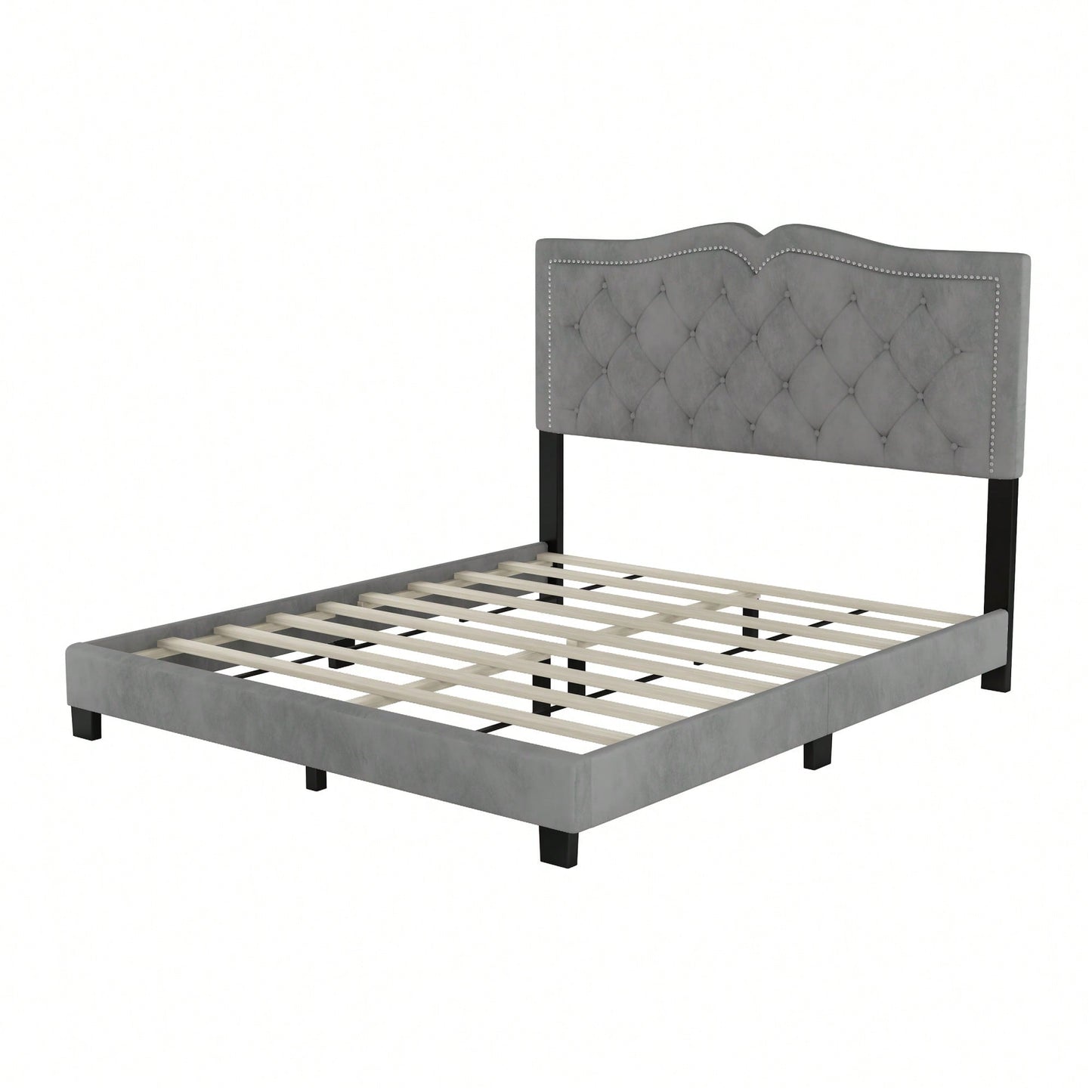 Modern Gray Velvet Queen Size Upholstered Bed Frame With Tufted Headboard And Rivet Design