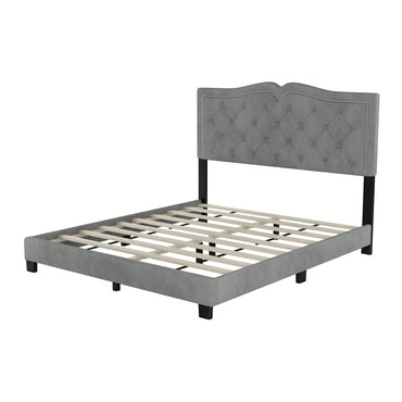 Modern Gray Velvet Queen Size Upholstered Bed Frame With Tufted Headboard And Rivet Design
