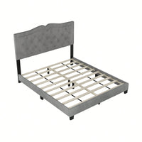 Modern Gray Velvet Queen Size Upholstered Bed Frame With Tufted Headboard And Rivet Design