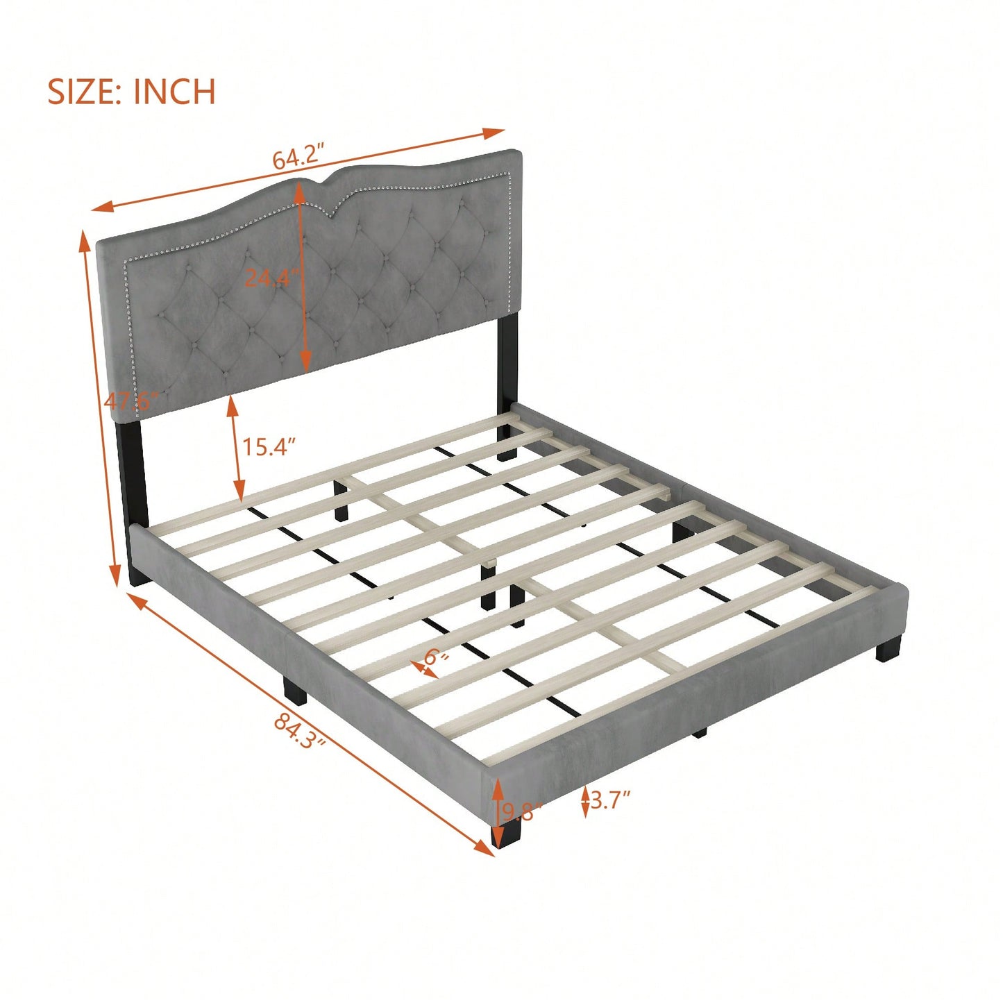Modern Gray Velvet Queen Size Upholstered Bed Frame With Tufted Headboard And Rivet Design