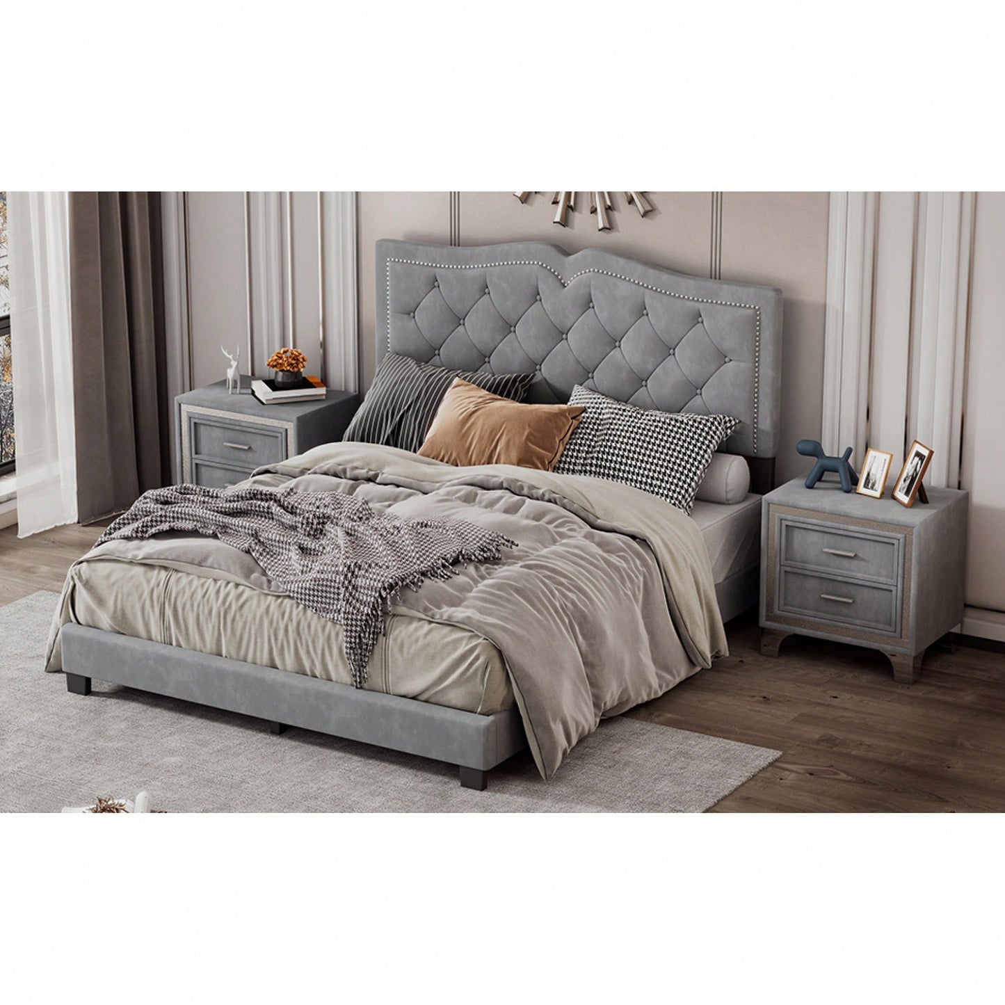 Modern Gray Velvet Queen Size Upholstered Bed Frame With Tufted Headboard And Rivet Design