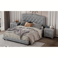 Modern Gray Velvet Queen Size Upholstered Bed Frame With Tufted Headboard And Rivet Design