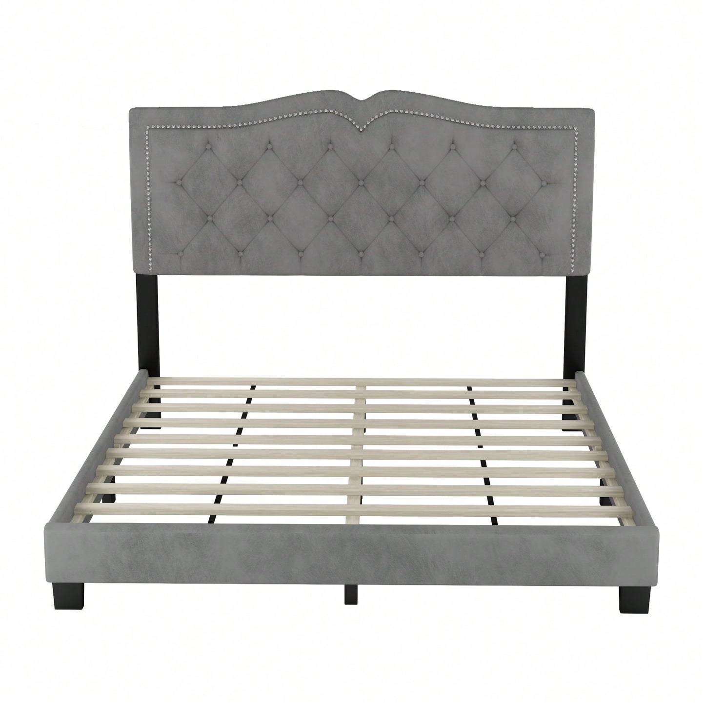 Modern Gray Velvet Queen Size Upholstered Bed Frame With Tufted Headboard And Rivet Design