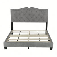 Modern Gray Velvet Queen Size Upholstered Bed Frame With Tufted Headboard And Rivet Design