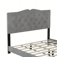 Modern Gray Velvet Queen Size Upholstered Bed Frame With Tufted Headboard And Rivet Design