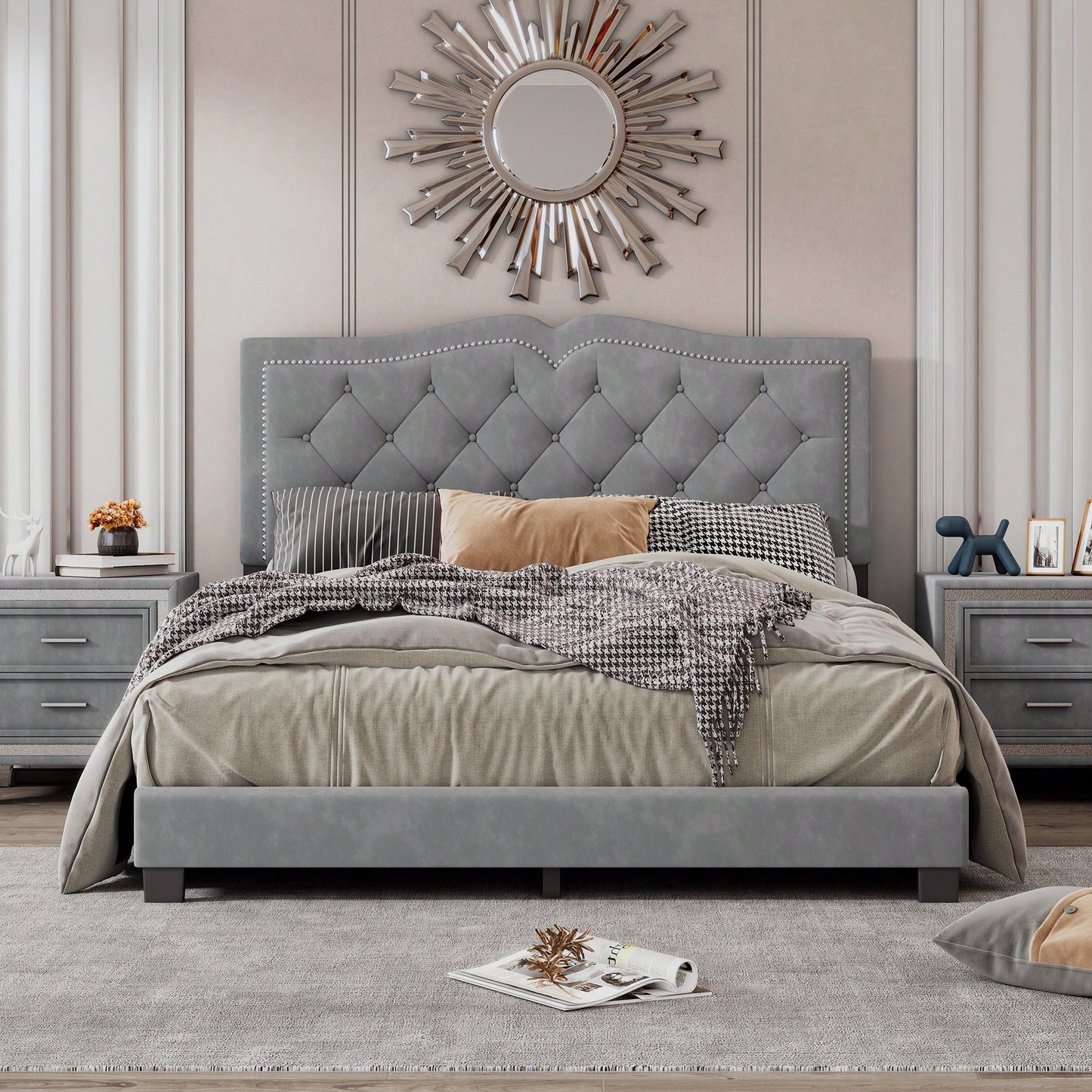 Modern Gray Velvet Queen Size Upholstered Bed Frame With Tufted Headboard And Rivet Design