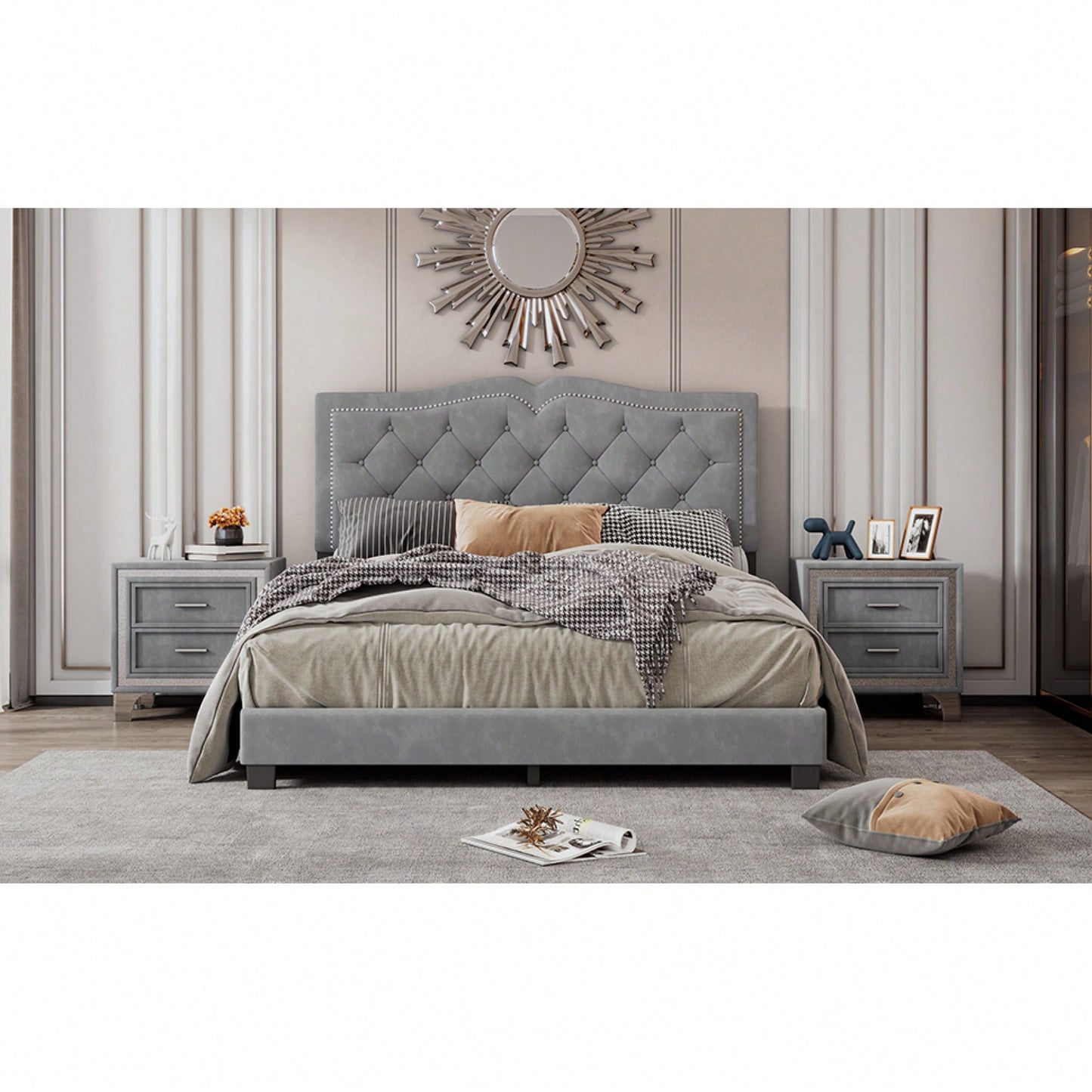Modern Gray Velvet Queen Size Upholstered Bed Frame With Tufted Headboard And Rivet Design