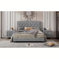 Modern Gray Velvet Queen Size Upholstered Bed Frame With Tufted Headboard And Rivet Design