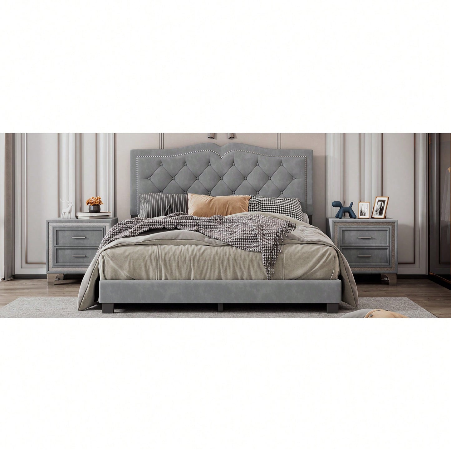Modern Gray Velvet Queen Size Upholstered Bed Frame With Tufted Headboard And Rivet Design