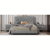 Modern Gray Velvet Queen Size Upholstered Bed Frame With Tufted Headboard And Rivet Design