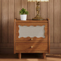 Elegant Wooden Nightstand With Rattan Storage Cabinet And Drawer For Natural Bedroom Organization In Walnut Finish