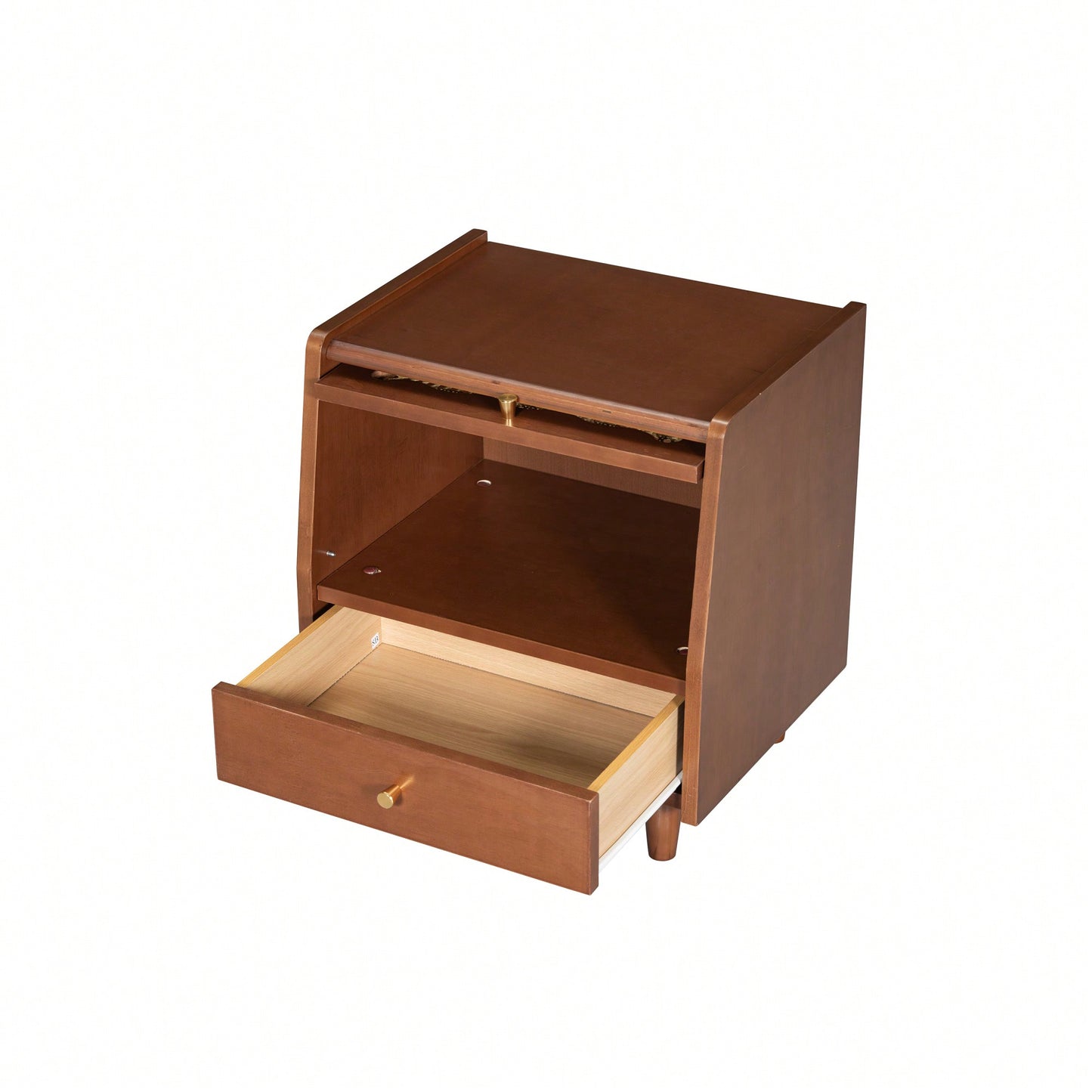 Elegant Wooden Nightstand With Rattan Storage Cabinet And Drawer For Natural Bedroom Organization In Walnut Finish