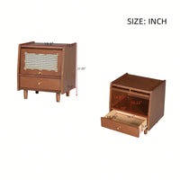 Elegant Wooden Nightstand With Rattan Storage Cabinet And Drawer For Natural Bedroom Organization In Walnut Finish