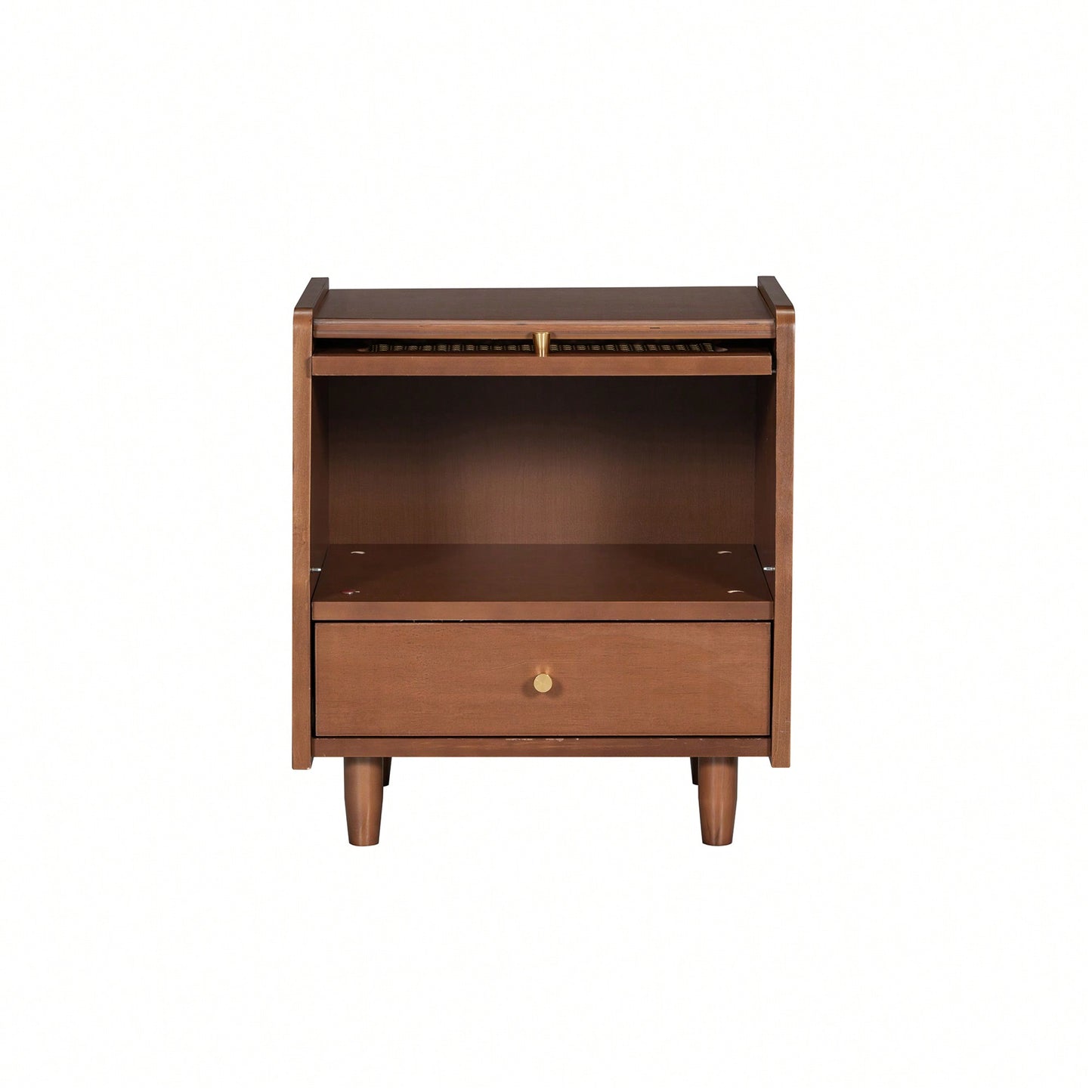 Elegant Wooden Nightstand With Rattan Storage Cabinet And Drawer For Natural Bedroom Organization In Walnut Finish