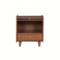 Elegant Wooden Nightstand With Rattan Storage Cabinet And Drawer For Natural Bedroom Organization In Walnut Finish