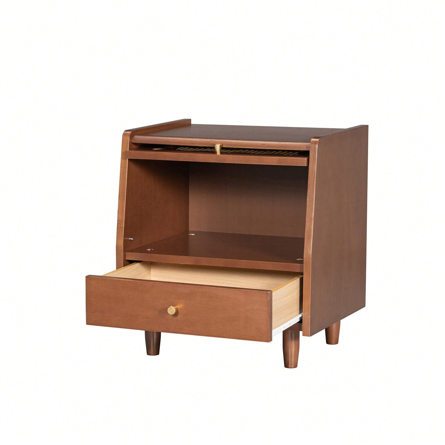 Elegant Wooden Nightstand With Rattan Storage Cabinet And Drawer For Natural Bedroom Organization In Walnut Finish