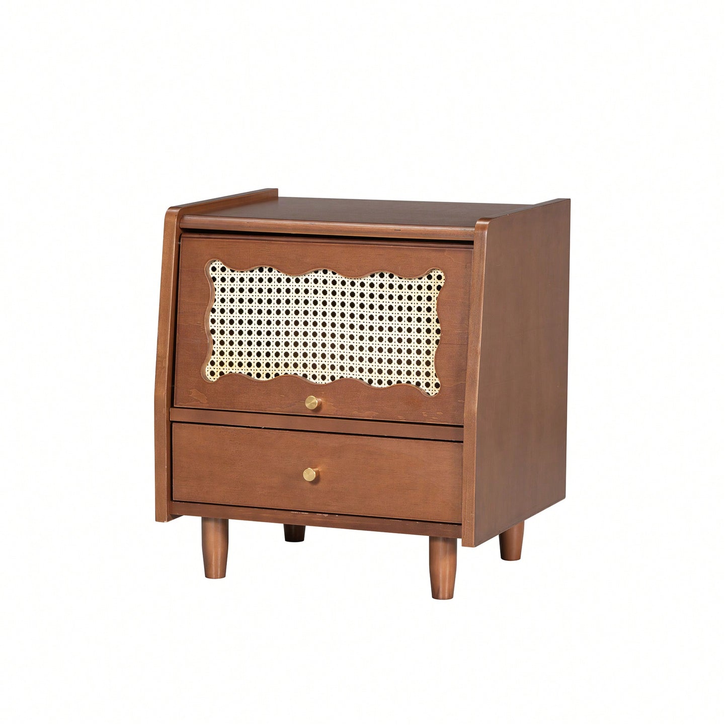 Elegant Wooden Nightstand With Rattan Storage Cabinet And Drawer For Natural Bedroom Organization In Walnut Finish