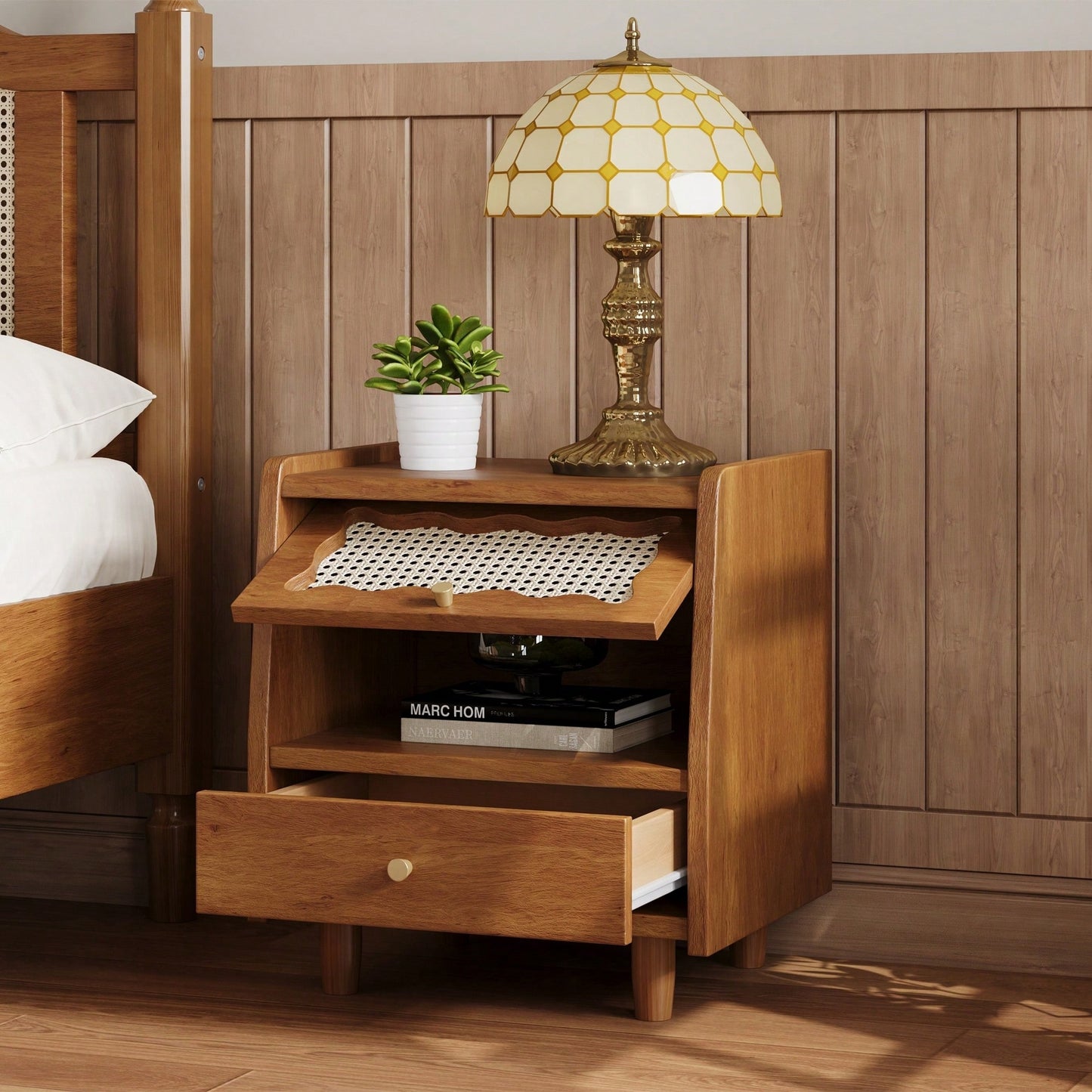 Elegant Wooden Nightstand With Rattan Storage Cabinet And Drawer For Natural Bedroom Organization In Walnut Finish