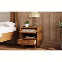 Elegant Wooden Nightstand With Rattan Storage Cabinet And Drawer For Natural Bedroom Organization In Walnut Finish