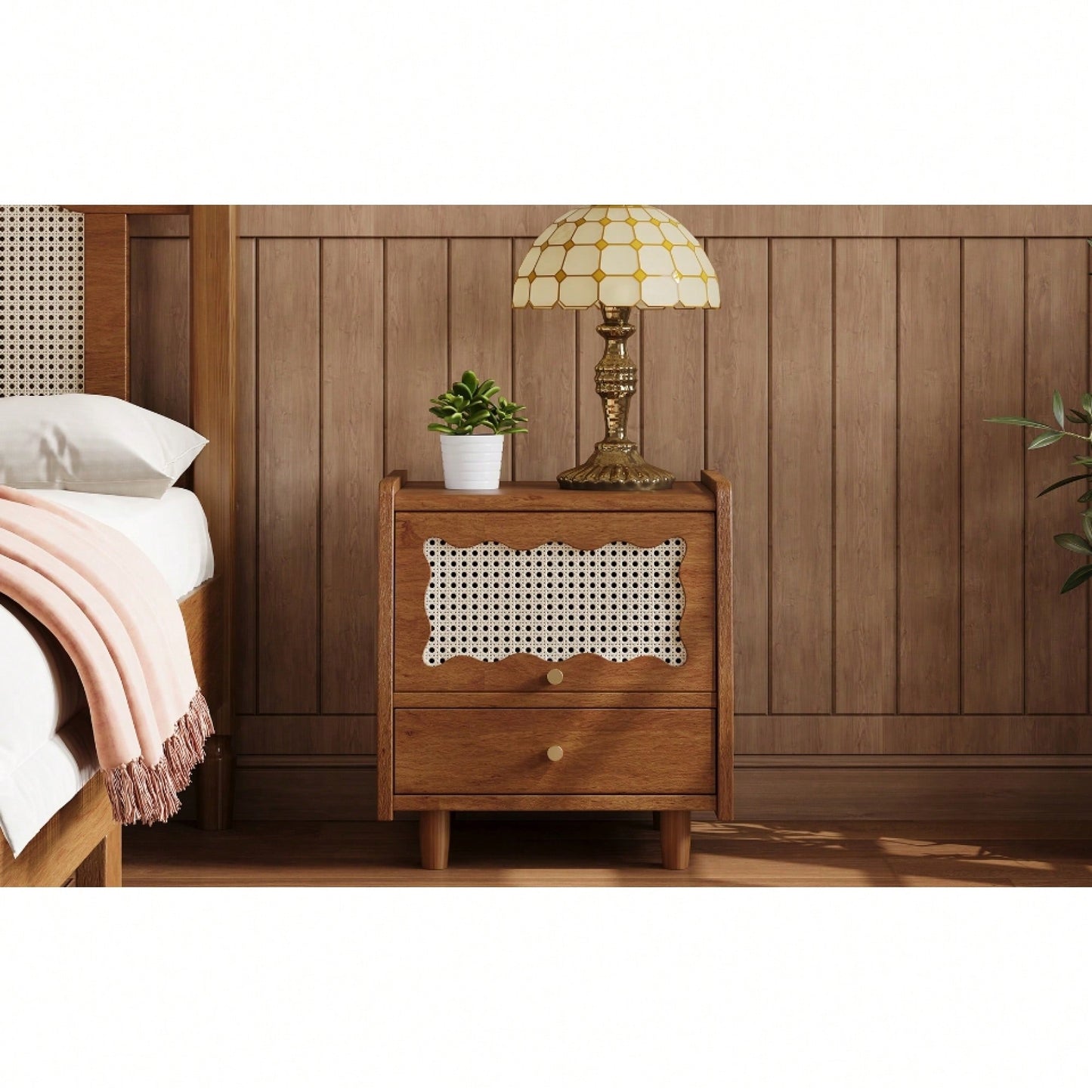 Elegant Wooden Nightstand With Rattan Storage Cabinet And Drawer For Natural Bedroom Organization In Walnut Finish