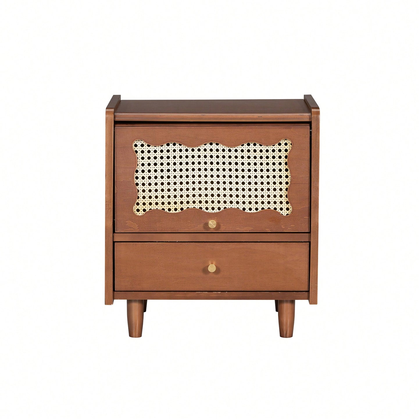 Elegant Wooden Nightstand With Rattan Storage Cabinet And Drawer For Natural Bedroom Organization In Walnut Finish