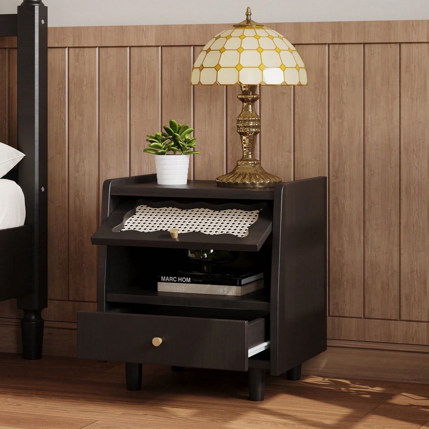 Elegant Wooden Nightstand With Rattan Storage Cabinet And Drawer For Natural Bedroom Organization In Walnut Finish